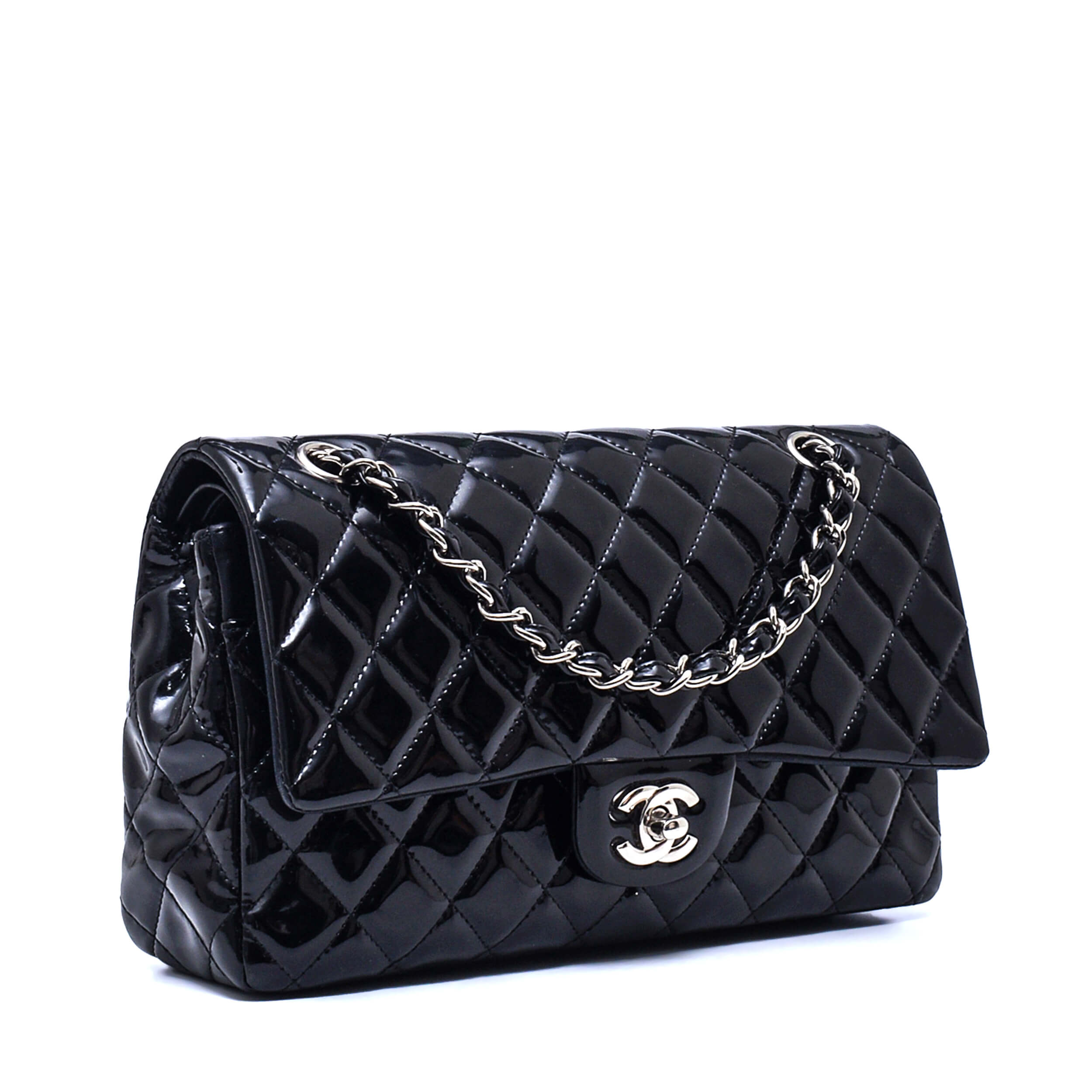 Chanel - Black Quilted Patent Leather Medium 11.12 Double Flap Bag